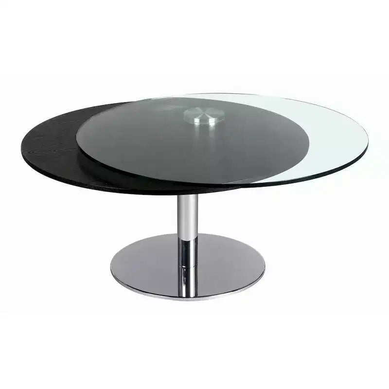 Table basse mobile contemporaine à double plateau rond, en verre et bois de frêne