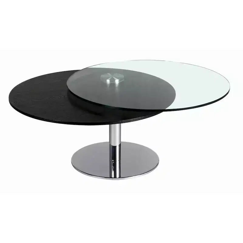 Table basse mobile contemporaine à double plateau rond, en verre et bois de frêne