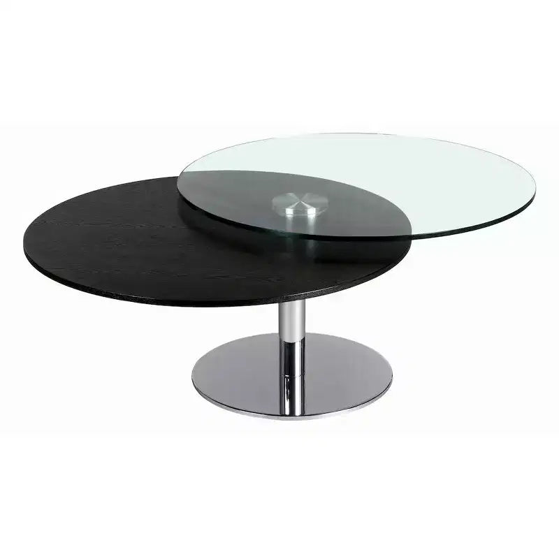 Table basse mobile contemporaine à double plateau rond, en verre et bois de frêne