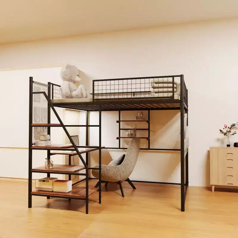 Lit mezzanine grandeur nature avec garde-corps de sécurité, bureau, échelles et étagères de rangement