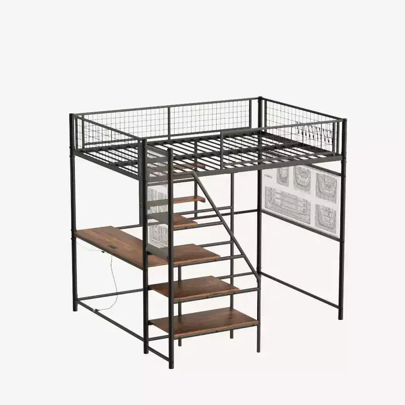 Lit mezzanine grandeur nature avec garde-corps de sécurité, bureau, échelles et étagères de rangement