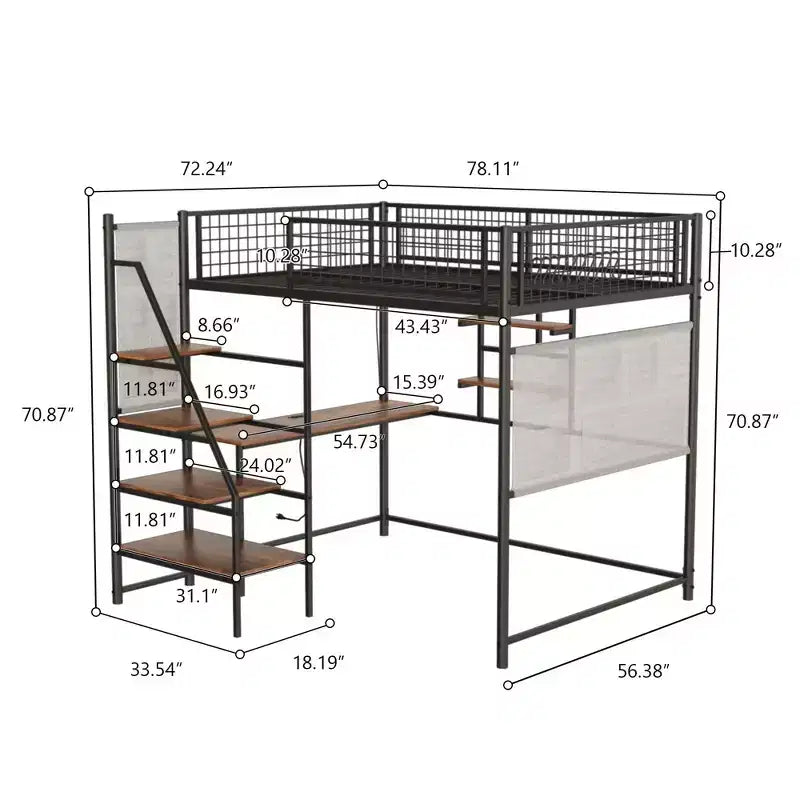 Lit mezzanine grandeur nature avec garde-corps de sécurité, bureau, échelles et étagères de rangement