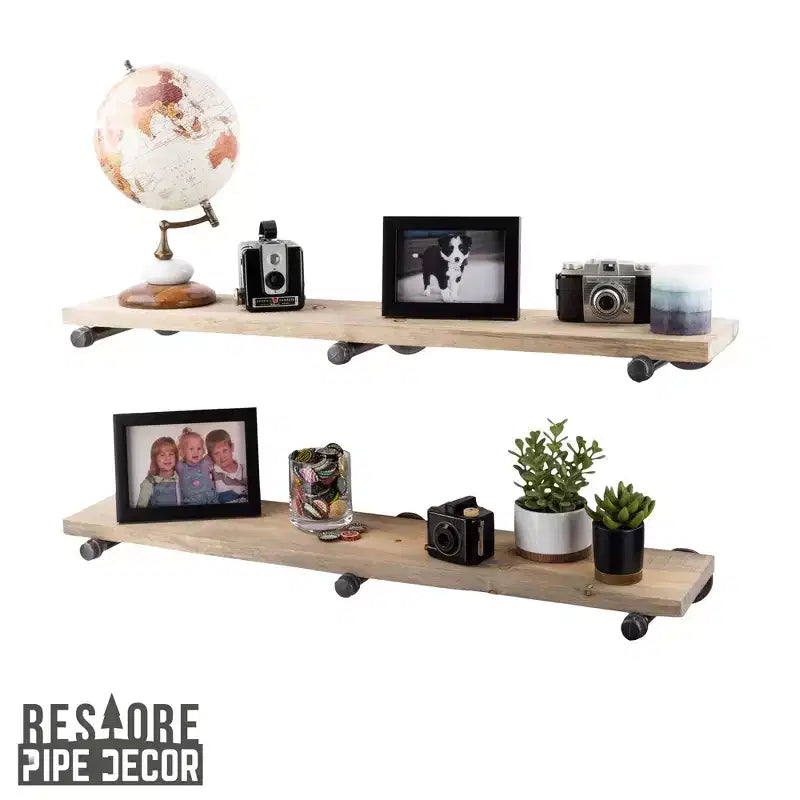 Étagères murales industrielles en tuyaux de 91 cm couleur bois flotté avec supports droits