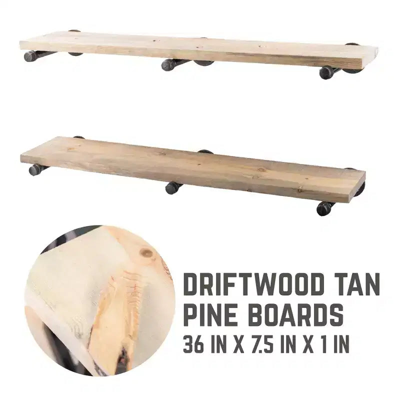 Étagères murales industrielles en tuyaux de 91 cm couleur bois flotté avec supports droits