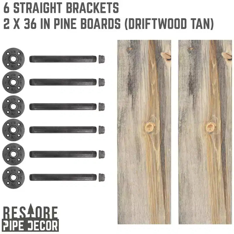 Étagères murales industrielles en tuyaux de 91 cm couleur bois flotté avec supports droits