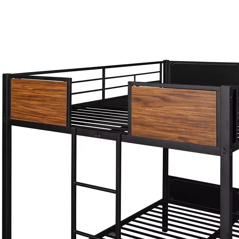 Lit superposé double en métal avec grain de bois, barrière de sécurité pour enfants et adultes, marron