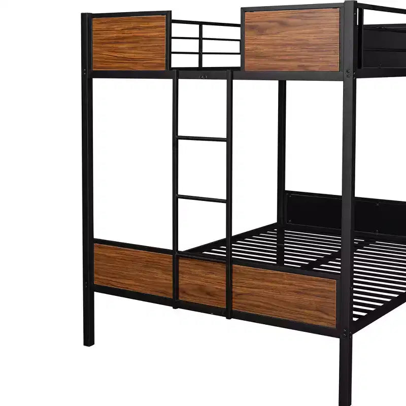 Lit superposé double en métal avec grain de bois, barrière de sécurité pour enfants et adultes, marron