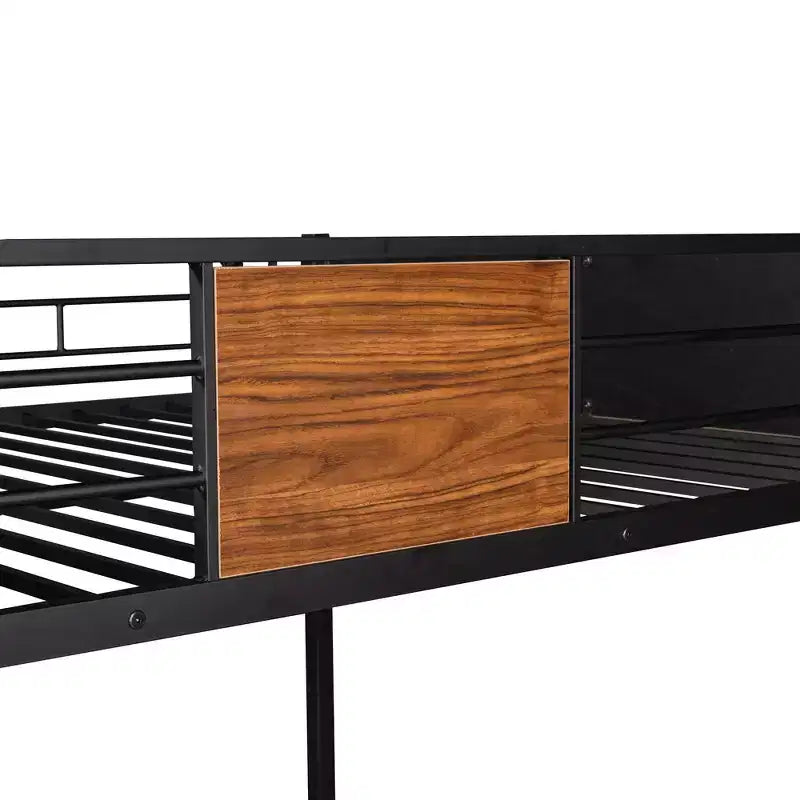 Lit superposé double en métal avec grain de bois, barrière de sécurité pour enfants et adultes, marron