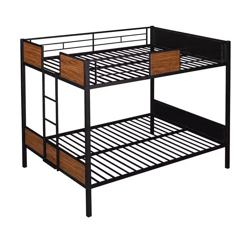 Lit superposé double en métal avec grain de bois, barrière de sécurité pour enfants et adultes, marron