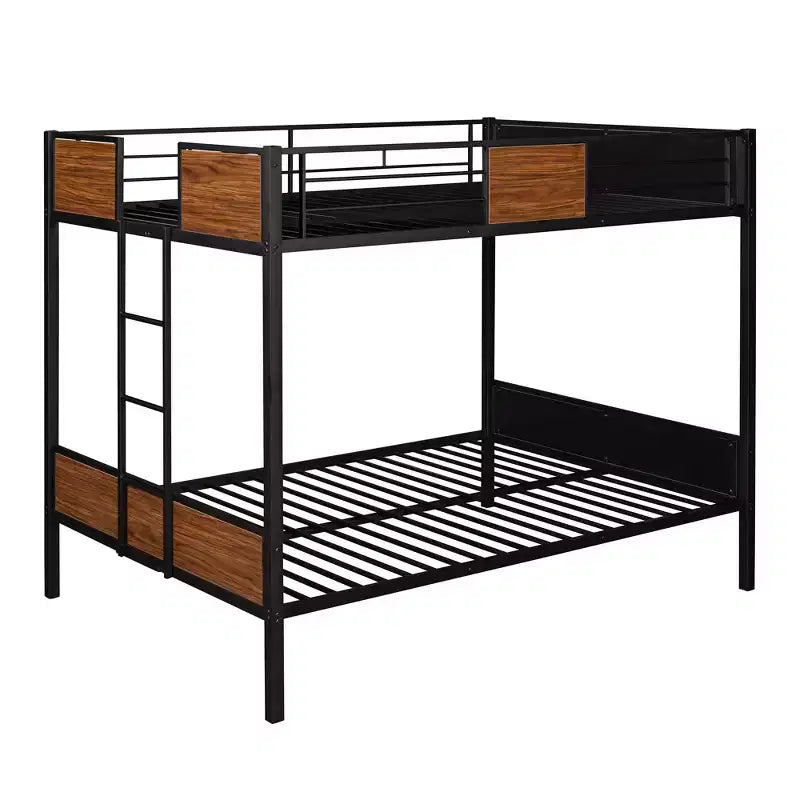 Lit superposé double en métal avec grain de bois, barrière de sécurité pour enfants et adultes, marron