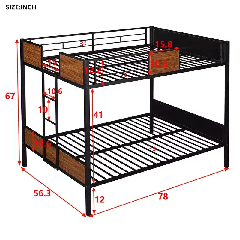 Lit superposé double en métal avec grain de bois, barrière de sécurité pour enfants et adultes, marron