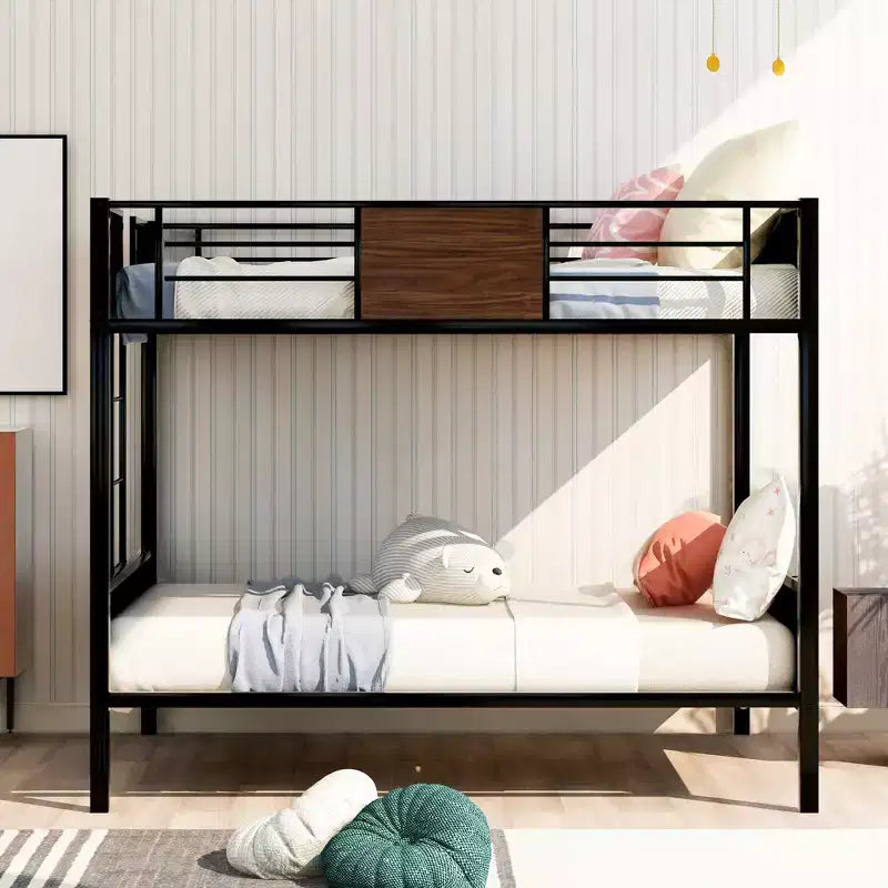 Lit superposé double en métal avec grain de bois, barrière de sécurité pour enfants et adultes, marron