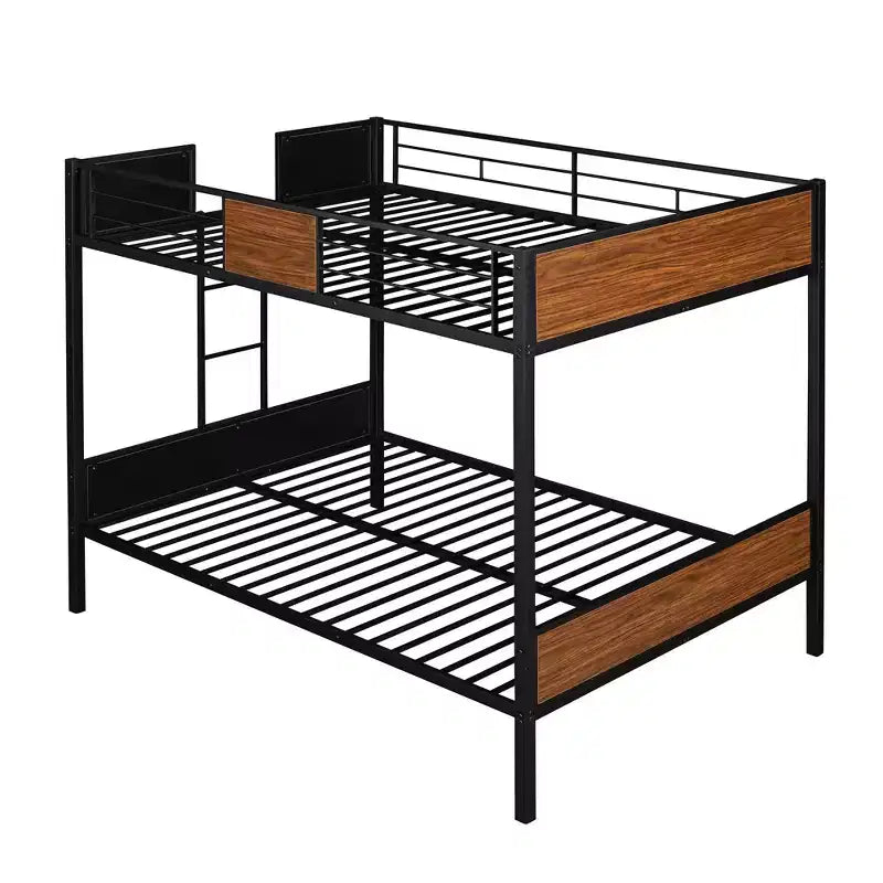 Lit superposé double en métal avec grain de bois, barrière de sécurité pour enfants et adultes, marron
