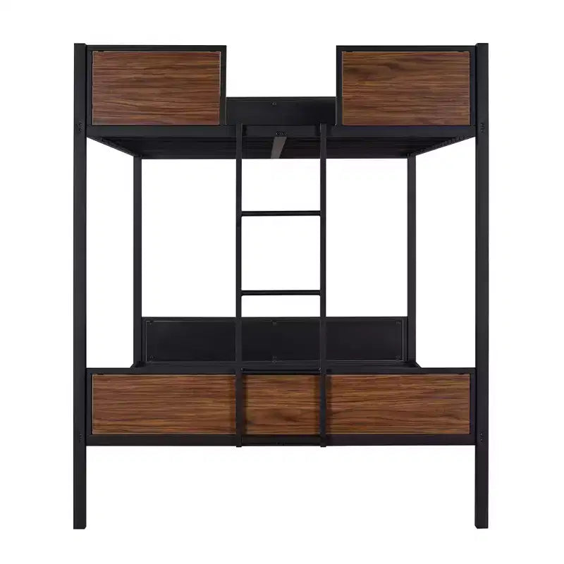 Lit superposé double en métal avec grain de bois, barrière de sécurité pour enfants et adultes, marron