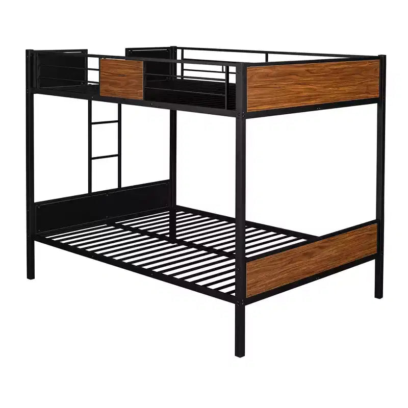 Lit superposé double en métal avec grain de bois, barrière de sécurité pour enfants et adultes, marron
