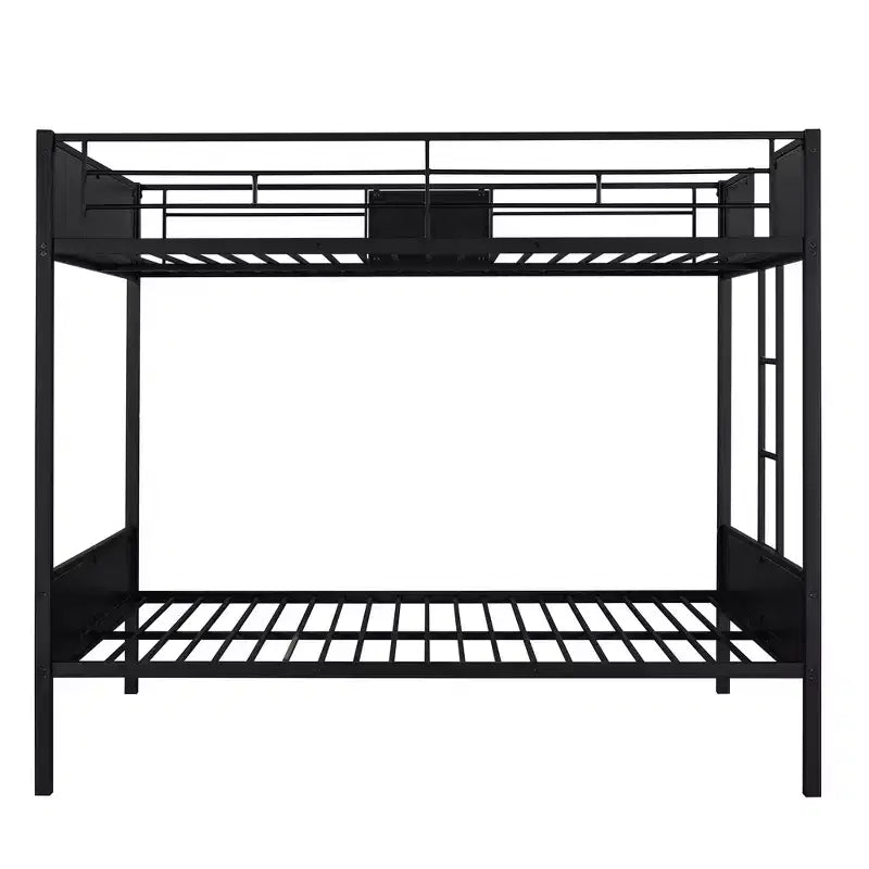 Lit superposé double en métal avec grain de bois, barrière de sécurité pour enfants et adultes, marron