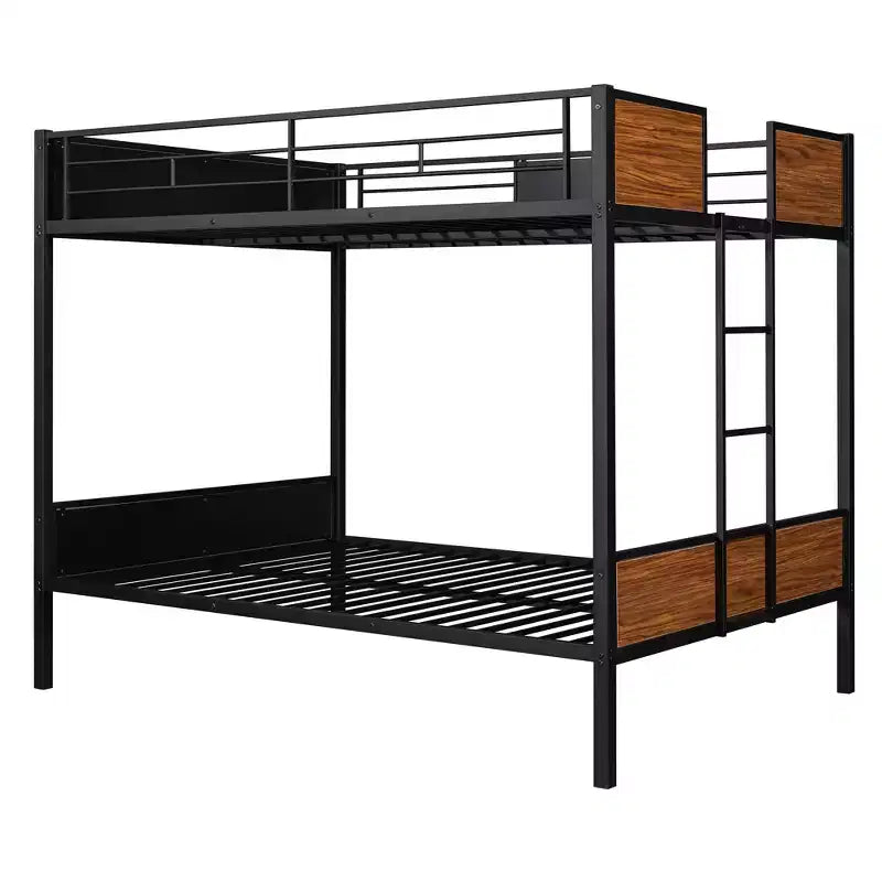 Lit superposé double en métal avec grain de bois, barrière de sécurité pour enfants et adultes, marron