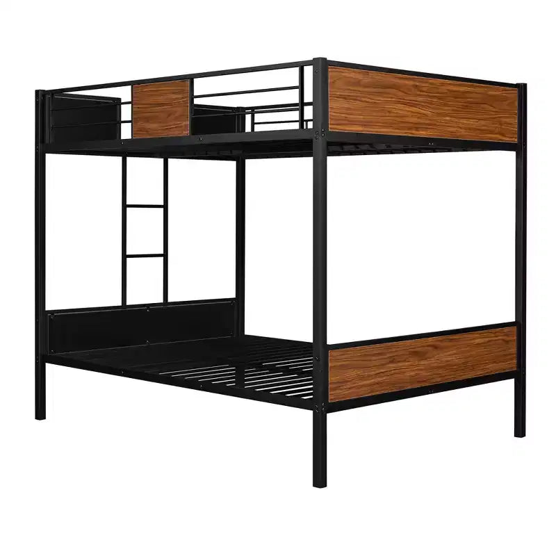 Lit superposé double en métal avec grain de bois, barrière de sécurité pour enfants et adultes, marron