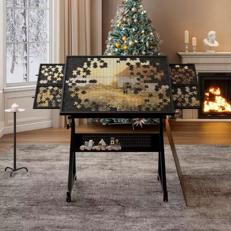 Table de puzzle en métal et bois modernes avec 4 tiroirs de rangement