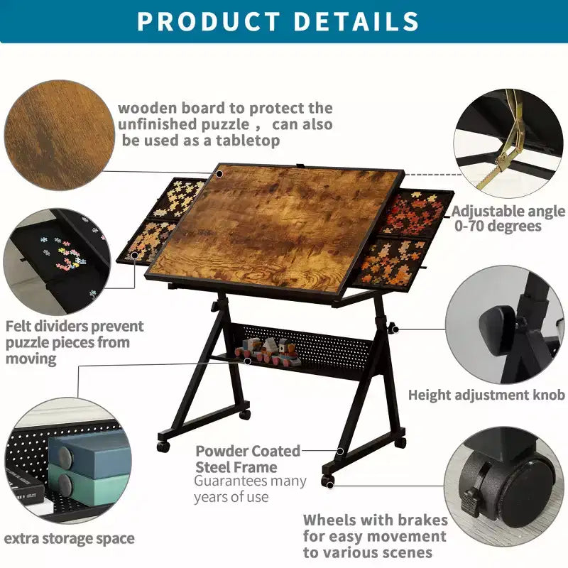Table de puzzle en métal et bois modernes avec 4 tiroirs de rangement