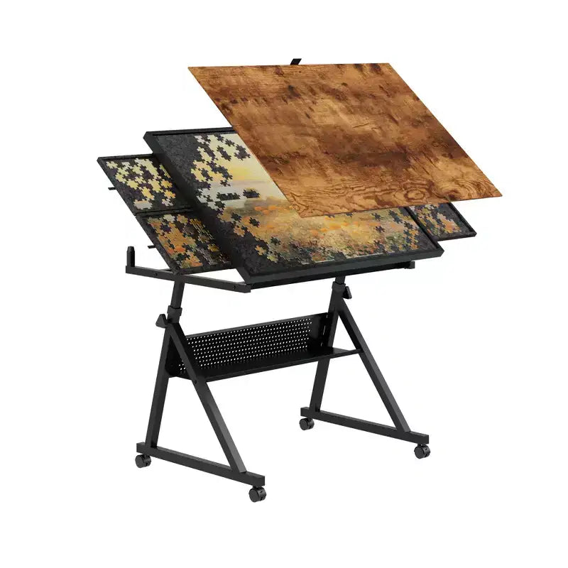 Table de puzzle en métal et bois modernes avec 4 tiroirs de rangement