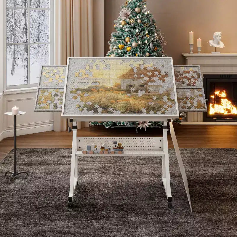 Table de puzzle en métal et bois modernes avec 4 tiroirs de rangement