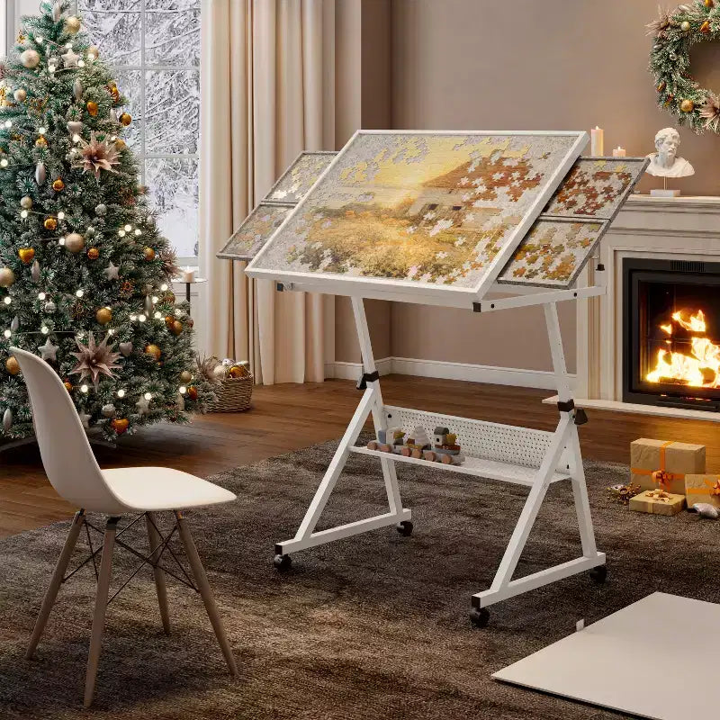 Table de puzzle en métal et bois modernes avec 4 tiroirs de rangement