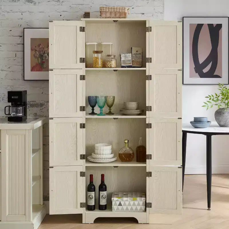 Meuble de Rangement Haut de Cuisine de Ferme avec 8 Portes, Garde-Manger en Bois de 183 cm avec 4 Étagères, Bibliothèque Autonome à 4 Niveaux
