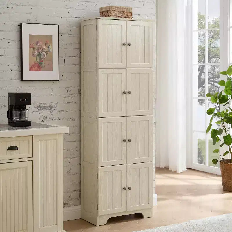 Meuble de Rangement Haut de Cuisine de Ferme avec 8 Portes, Garde-Manger en Bois de 183 cm avec 4 Étagères, Bibliothèque Autonome à 4 Niveaux