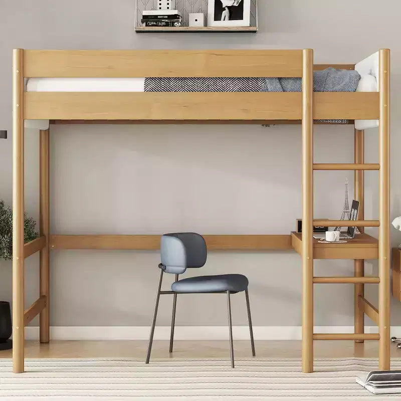 Lit mezzanine simple en hévéa moderne avec bureau et tête de lit rembourrée en bouclé