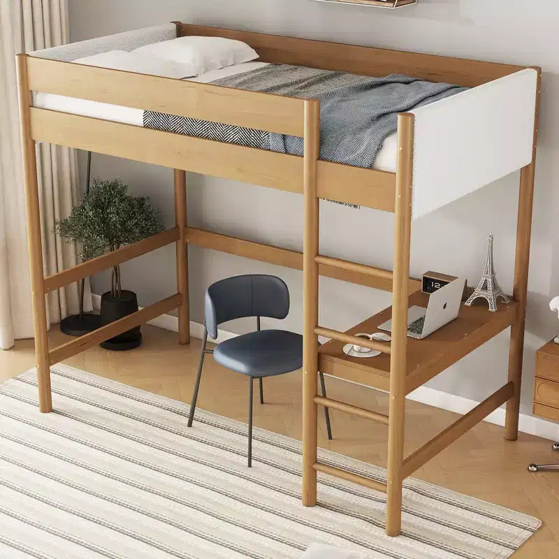 Lit mezzanine simple en hévéa moderne avec bureau et tête de lit rembourrée en bouclé