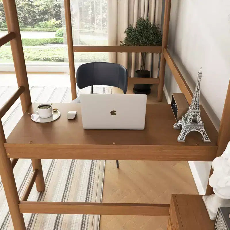 Lit mezzanine simple en hévéa moderne avec bureau et tête de lit rembourrée en bouclé