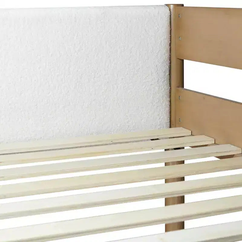 Lit mezzanine simple en hévéa moderne avec bureau et tête de lit rembourrée en bouclé