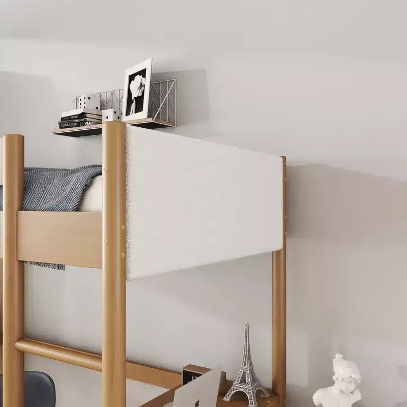 Lit mezzanine simple en hévéa moderne avec bureau et tête de lit rembourrée en bouclé
