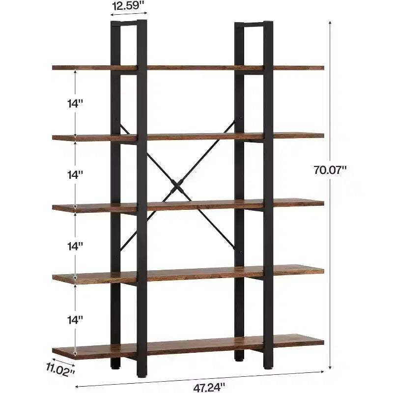Étagère à 5 niveaux, Bibliothèque industrielle, Grande étagère vintage, 177,8 cm H x 27,9 cm P x 119,4 cm L, pour chambre, salon, bureau, marron rustique