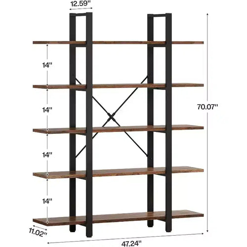 Étagère à 5 niveaux, Bibliothèque industrielle, Grande étagère vintage, 177,8 cm H x 27,9 cm P x 119,4 cm L, pour chambre, salon, bureau, marron rustique