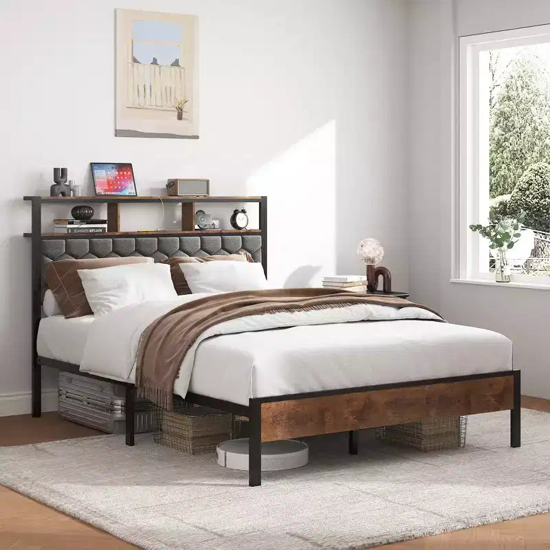 Lit plateforme de taille double/grand/très grand avec tête de lit rembourrée, cadre de lit plateforme en bois avec rangement et 2 ports USB, grand espace de rangement sous le lit, marron