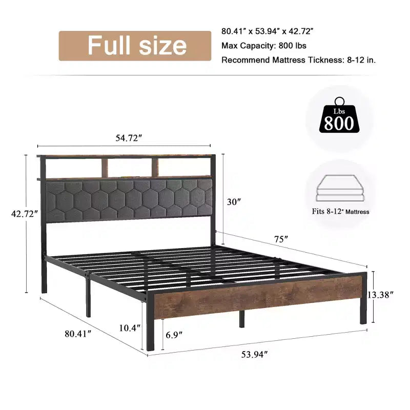 Lit plateforme de taille double/grand/très grand avec tête de lit rembourrée, cadre de lit plateforme en bois avec rangement et 2 ports USB, grand espace de rangement sous le lit, marron