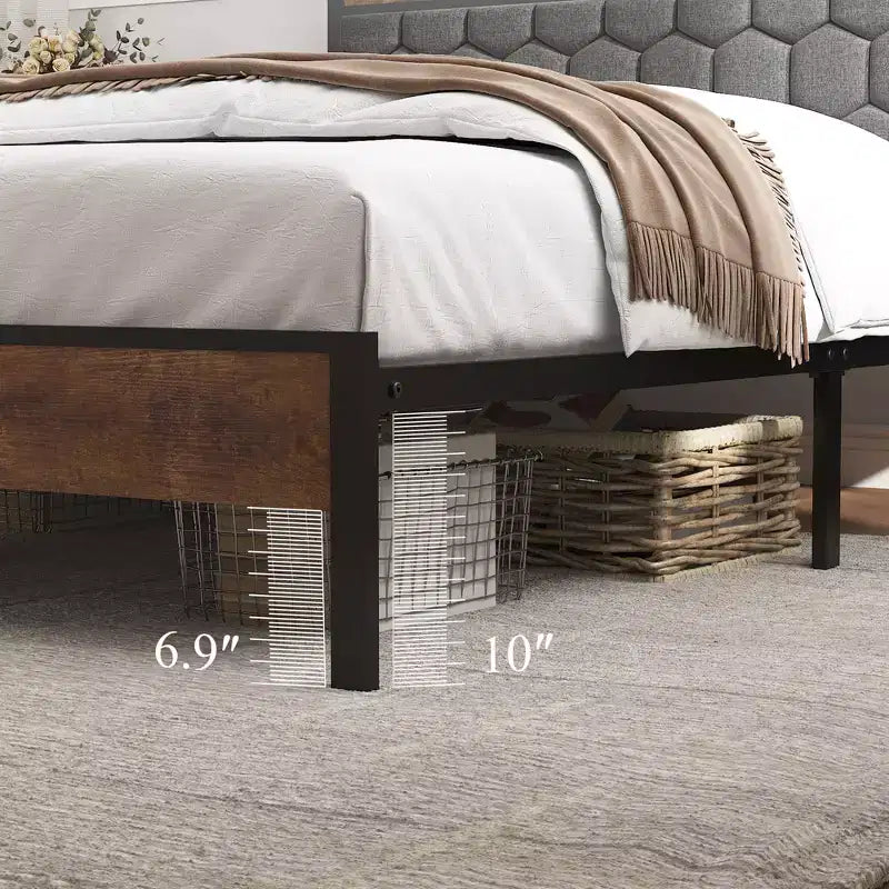 Lit plateforme de taille double/grand/très grand avec tête de lit rembourrée, cadre de lit plateforme en bois avec rangement et 2 ports USB, grand espace de rangement sous le lit, marron