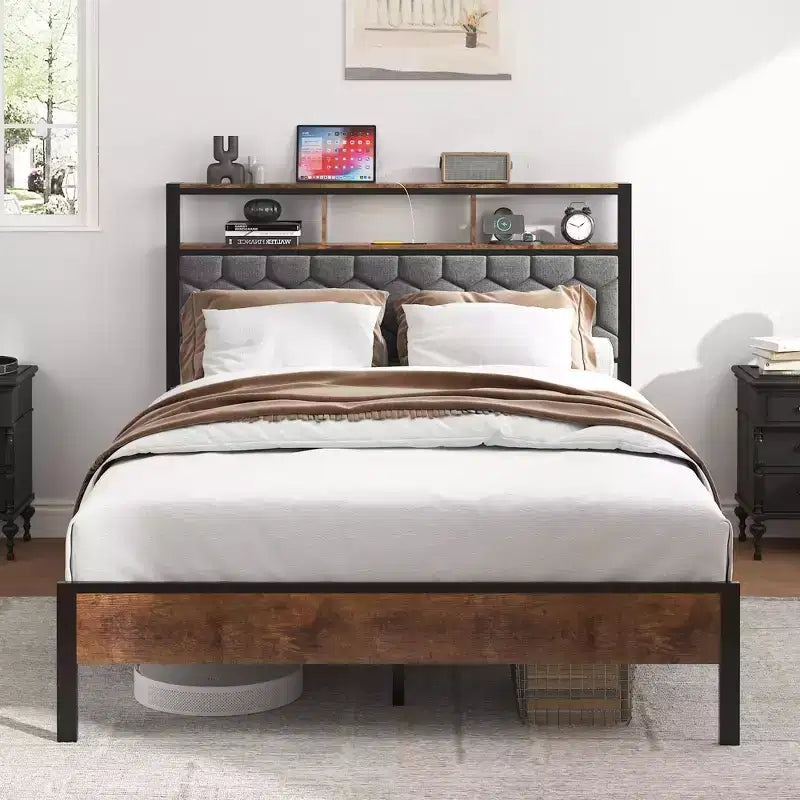 Lit plateforme de taille double/grand/très grand avec tête de lit rembourrée, cadre de lit plateforme en bois avec rangement et 2 ports USB, grand espace de rangement sous le lit, marron