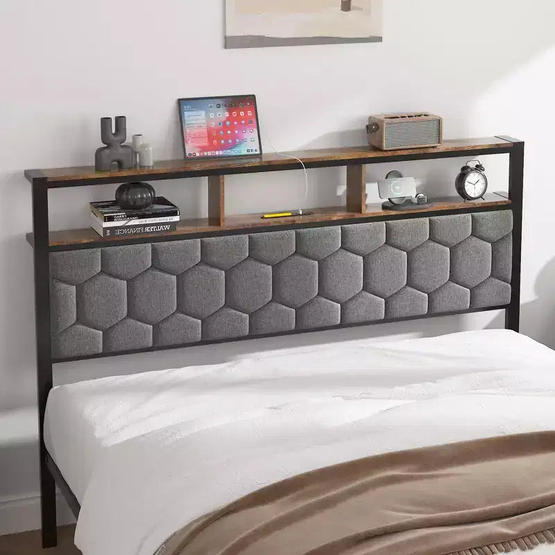 Lit plateforme de taille double/grand/très grand avec tête de lit rembourrée, cadre de lit plateforme en bois avec rangement et 2 ports USB, grand espace de rangement sous le lit, marron