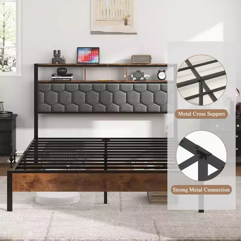 Lit plateforme de taille double/grand/très grand avec tête de lit rembourrée, cadre de lit plateforme en bois avec rangement et 2 ports USB, grand espace de rangement sous le lit, marron