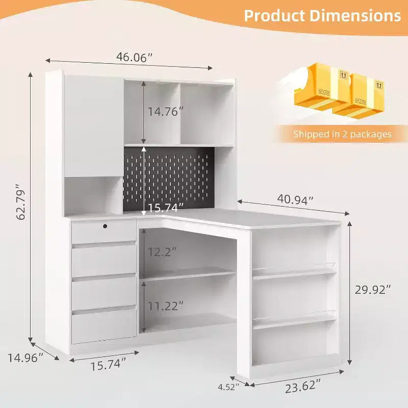 Bureau d'angle en bois en forme de L avec station de recharge, éclairage LED, tiroirs et étagère, table d'ordinateur d'angle moderne pour bureau à domicile et gaming, blanc