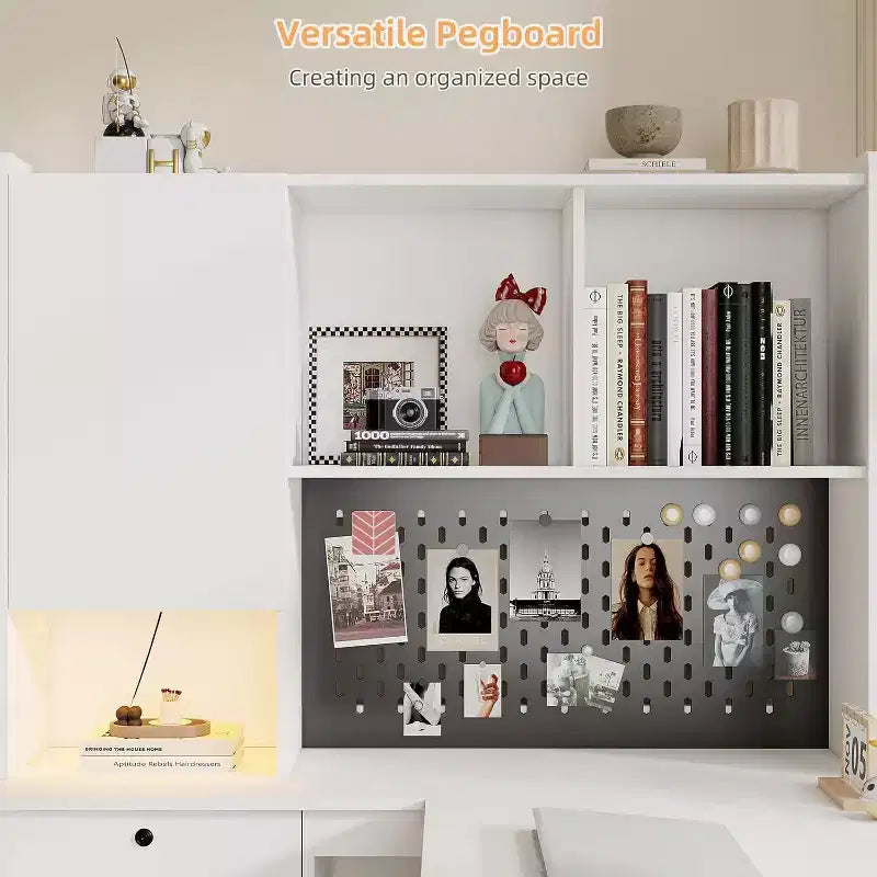 Bureau d'angle en bois en forme de L avec station de recharge, éclairage LED, tiroirs et étagère, table d'ordinateur d'angle moderne pour bureau à domicile et gaming, blanc