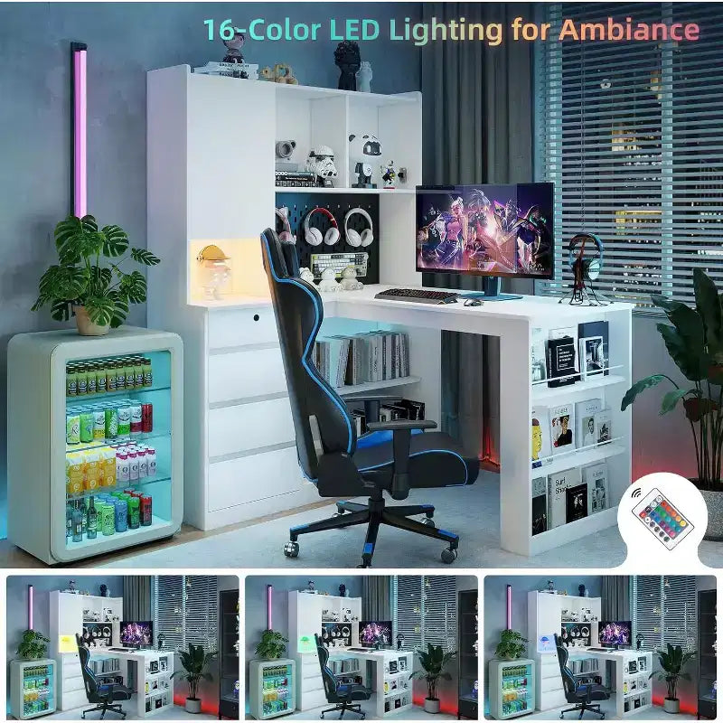 Bureau d'angle en bois en forme de L avec station de recharge, éclairage LED, tiroirs et étagère, table d'ordinateur d'angle moderne pour bureau à domicile et gaming, blanc