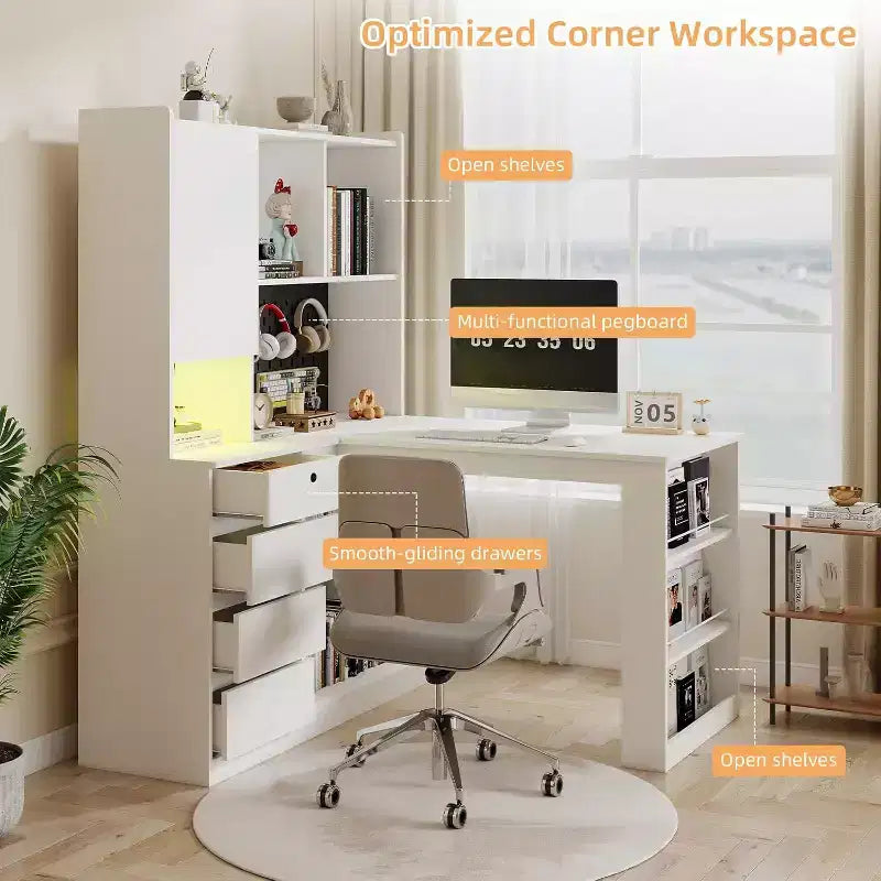 Bureau d'angle en bois en forme de L avec station de recharge, éclairage LED, tiroirs et étagère, table d'ordinateur d'angle moderne pour bureau à domicile et gaming, blanc