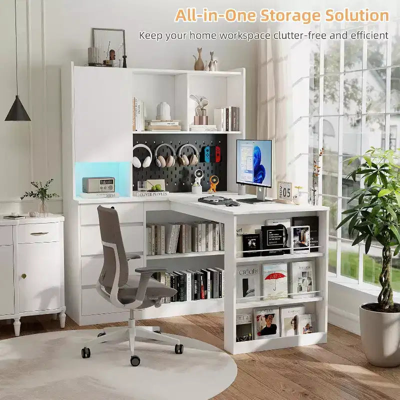 Bureau d'angle en bois en forme de L avec station de recharge, éclairage LED, tiroirs et étagère, table d'ordinateur d'angle moderne pour bureau à domicile et gaming, blanc