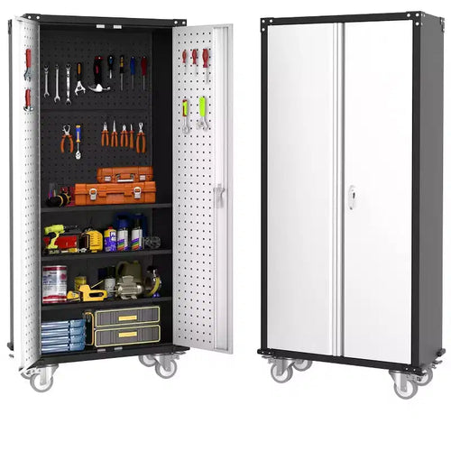 Servante d'atelier roulante en acier robuste de 72", avec serrure et panneau perforé, 4 étagères réglables, rangement industriel mobile pour garage, atelier et maison