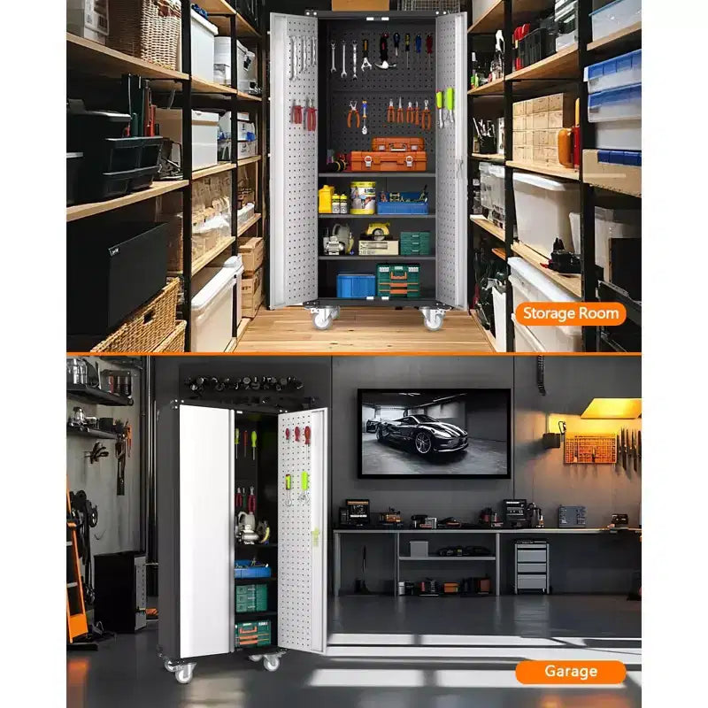 Servante d'atelier roulante en acier robuste de 72", avec serrure et panneau perforé, 4 étagères réglables, rangement industriel mobile pour garage, atelier et maison