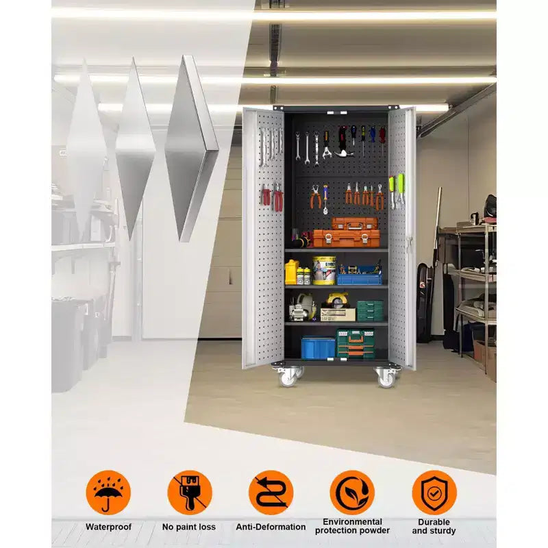 Servante d'atelier roulante en acier robuste de 72", avec serrure et panneau perforé, 4 étagères réglables, rangement industriel mobile pour garage, atelier et maison